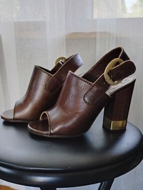 Chloe Brown Leather Peep-Toe Block Heel Sandals with Gold Buckle